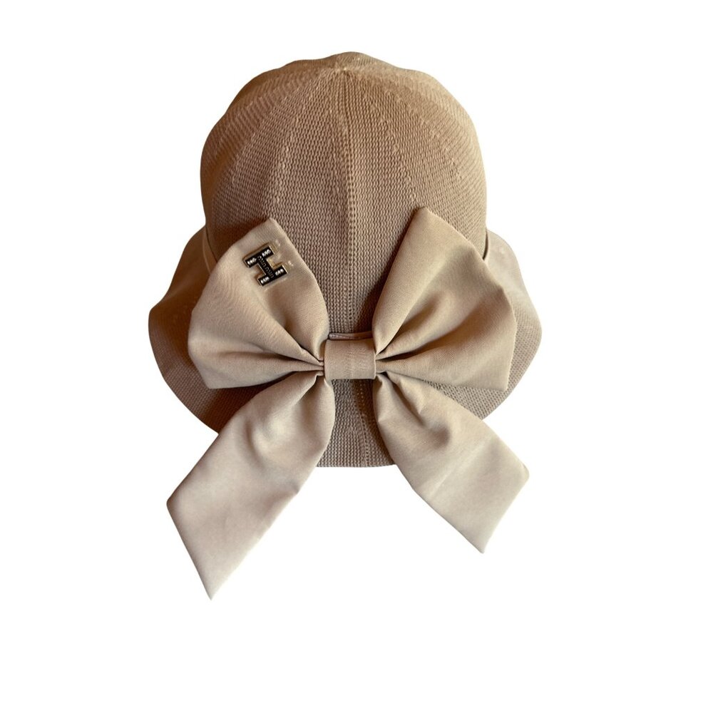 Tan Bucket Hat ‎ Bow & Rhinestone "H" Detail Knit Design Neutral Tone One Size - Picture 2 of 5